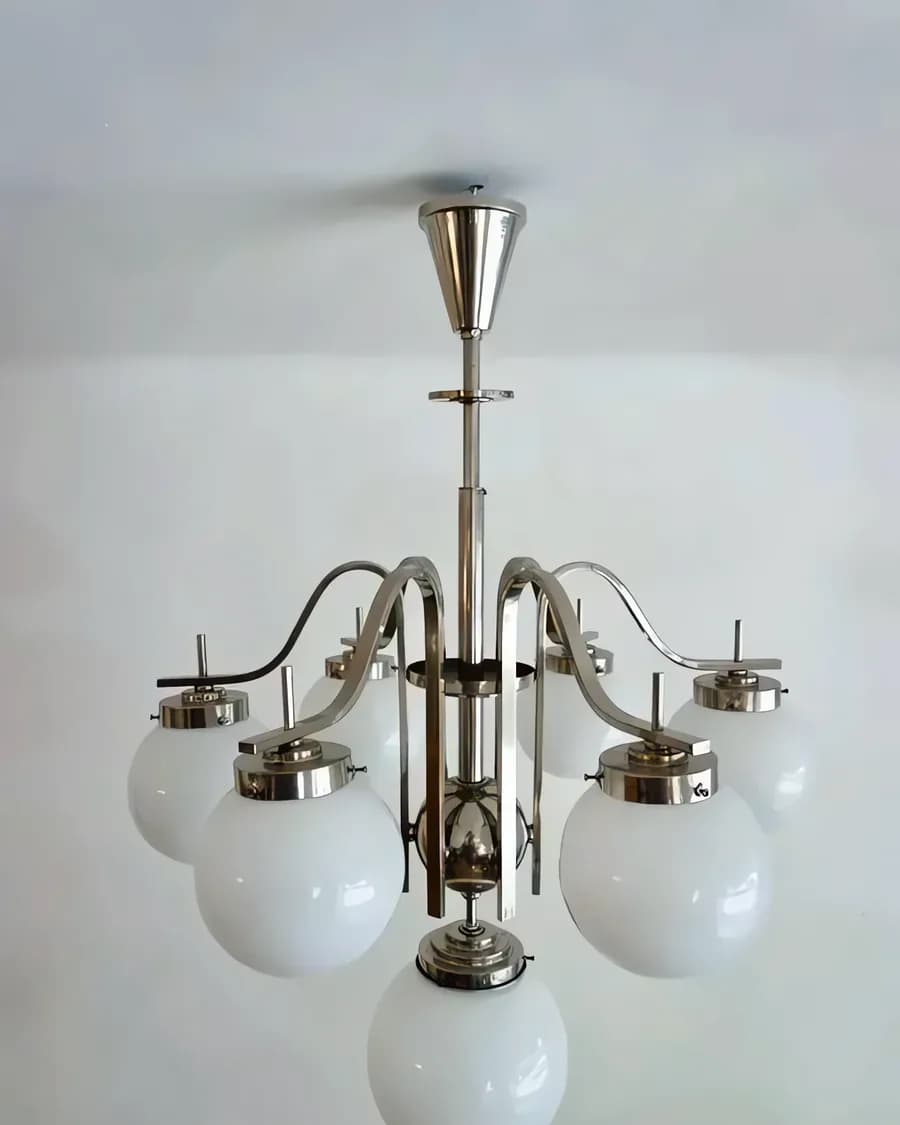 Art-Déco-Kronleuchter aus Nickel und Opalglas, Mitteleuropa, 1930er
