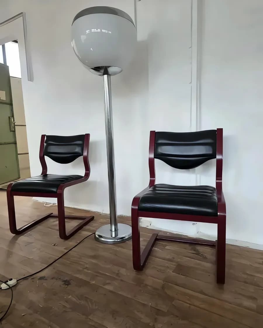Italienische Vintage Freischwänger Stühle aus Holz & Leder, 4er Set